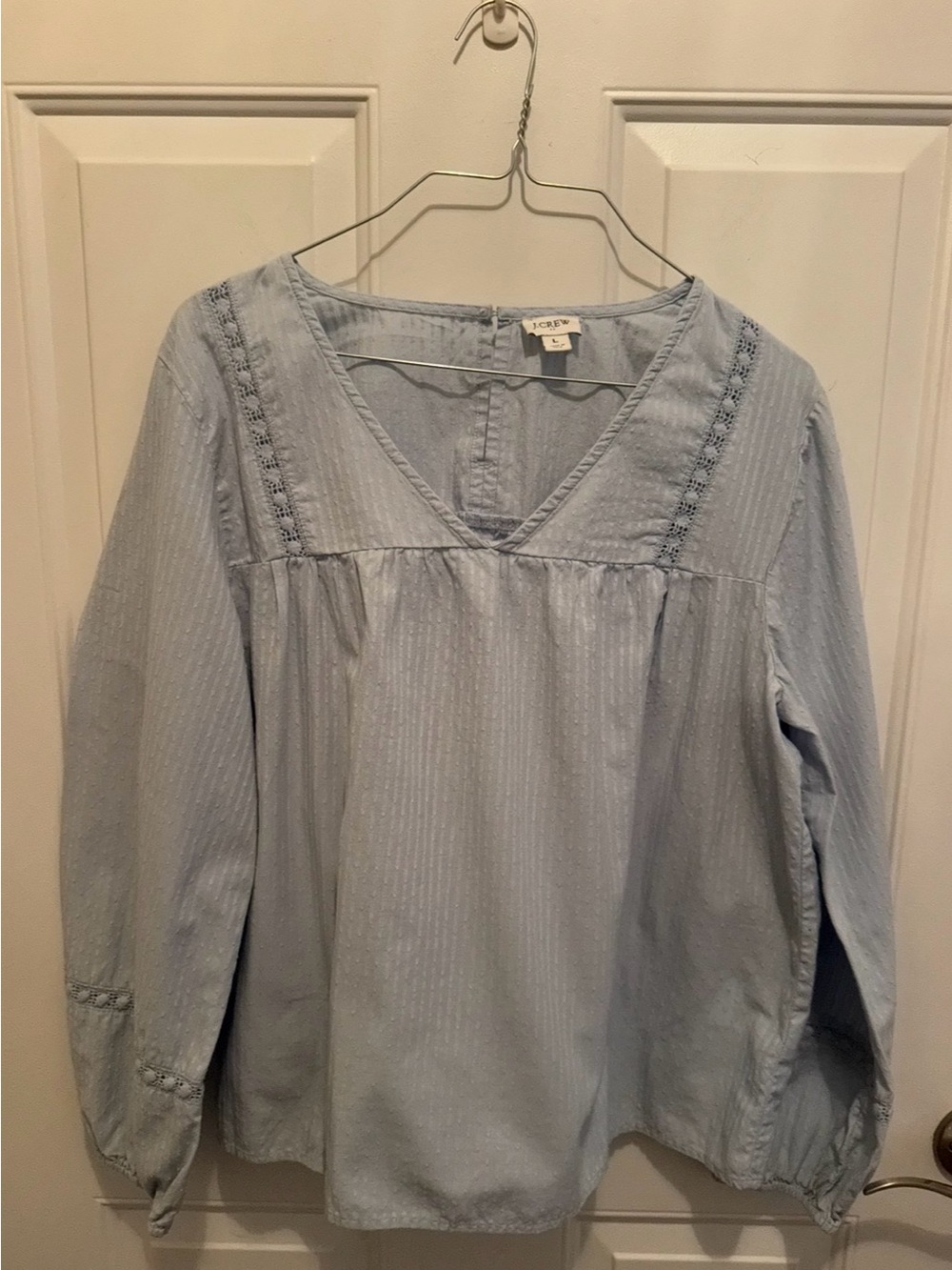 J. Crew Pale Blue V-Neck Cotton Peasant Blouse-Large